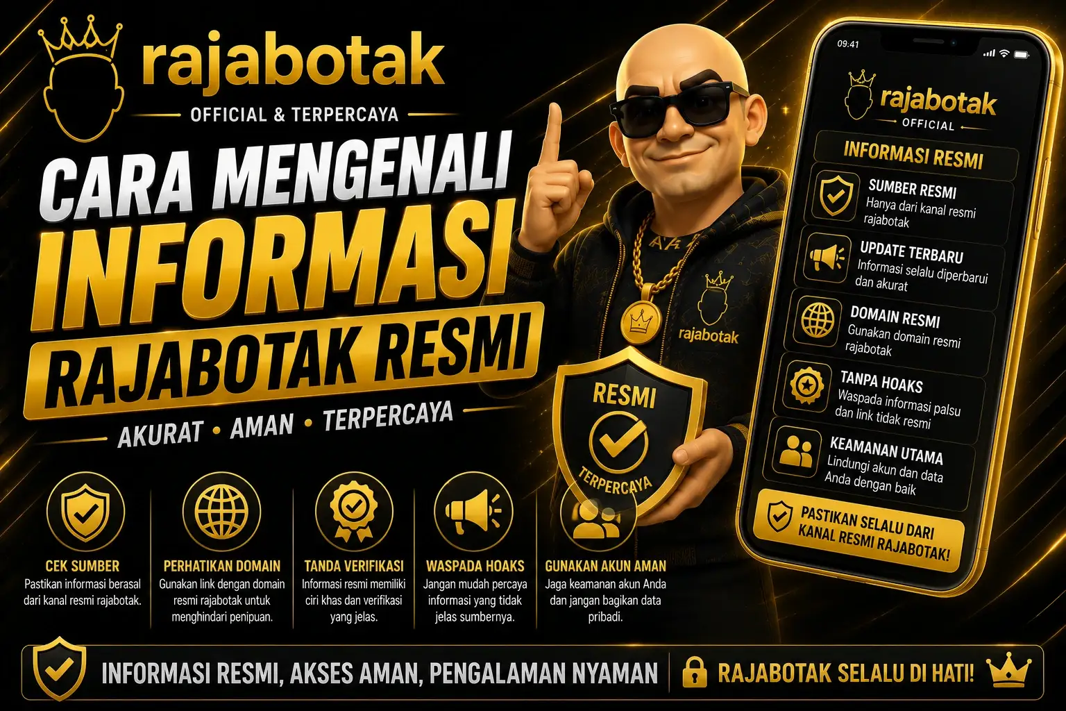 Checklist identitas penerbit, tanggal, domain, kontak, dan bukti sumber Rajabotak