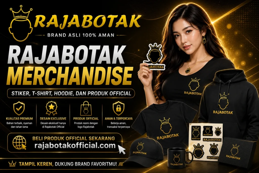 Koleksi merchandise Rajabotak berupa stiker, T-shirt, hoodie, dan produk official