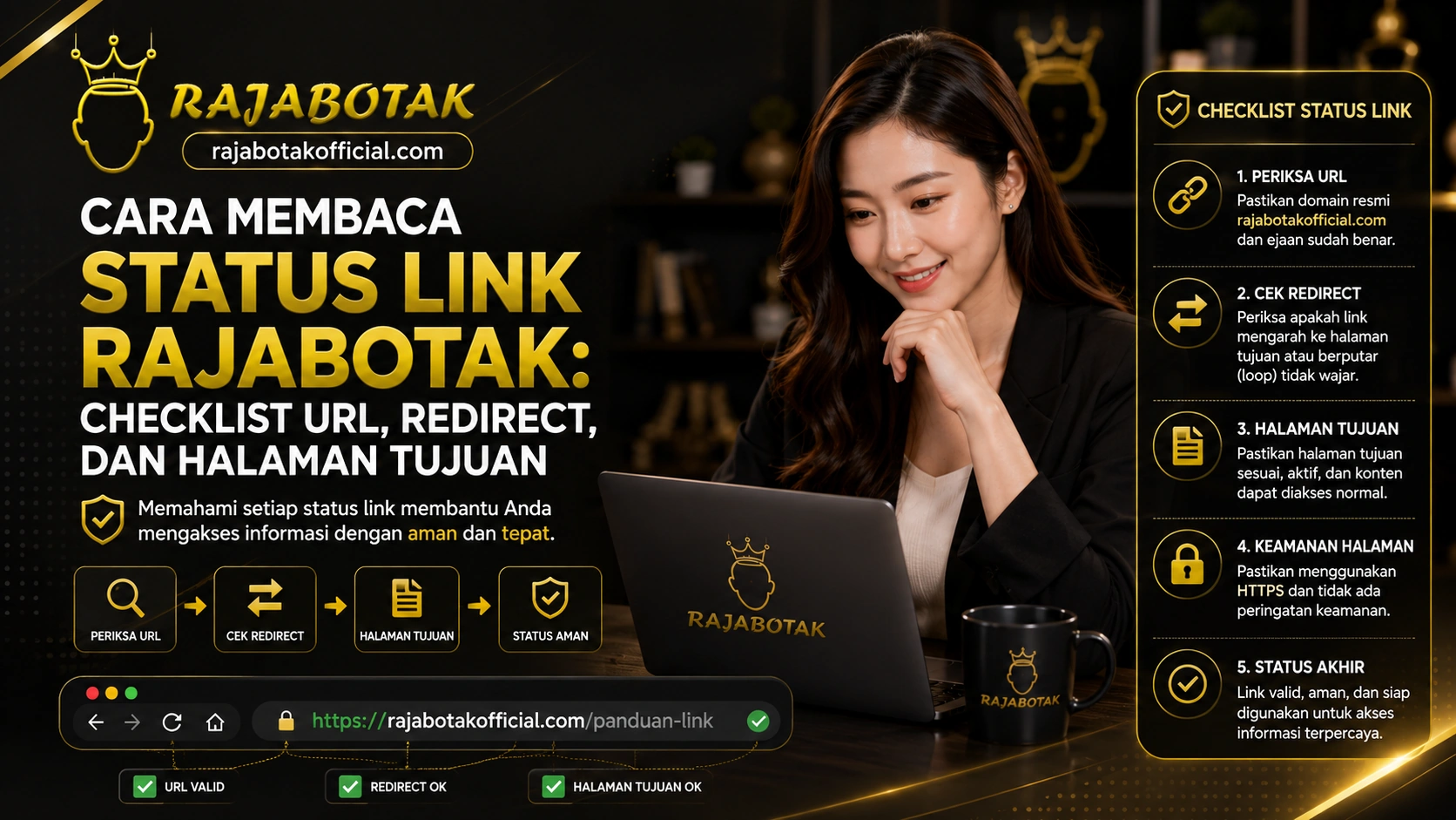 Cara membaca status link Rajabotak dengan checklist URL, redirect, dan halaman tujuan