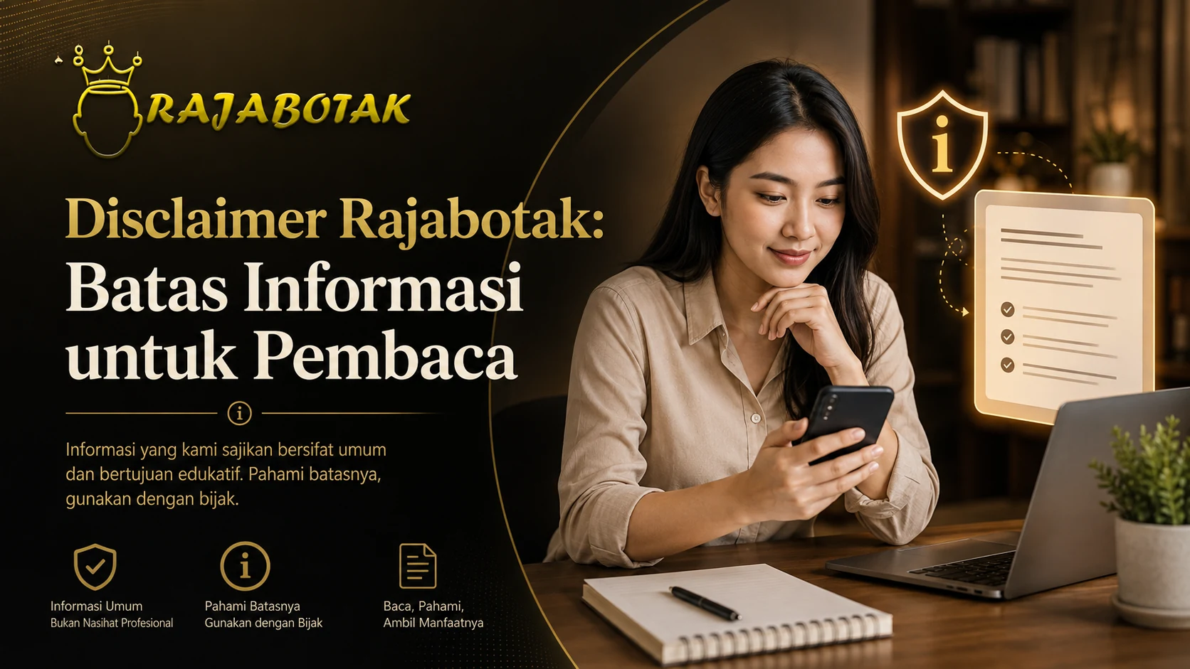 Ilustrasi disclaimer RajaBotak mengenai batas informasi dan tanggung jawab pembaca