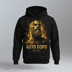 Hoodie Raja Botak desain Zeus botak dengan tulisan AUTO D3P0