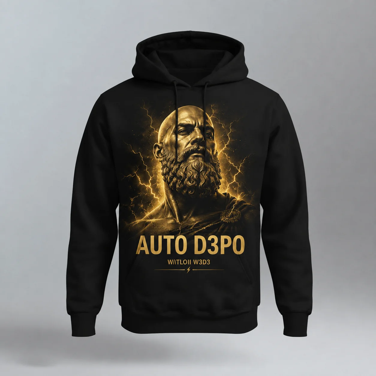Hoodie Raja Botak desain Zeus botak dengan tulisan AUTO D3P0