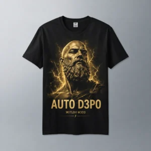 Kaos Raja Botak desain Zeus botak dengan tulisan AUTO D3P0