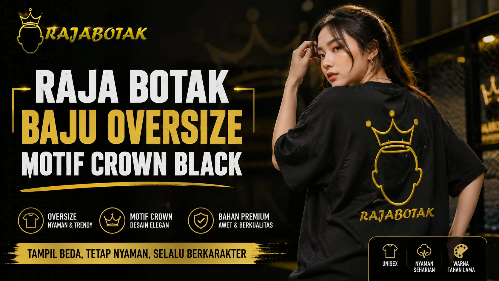 Ilustrasi artikel baju oversize RajaBotak motif Crown Black