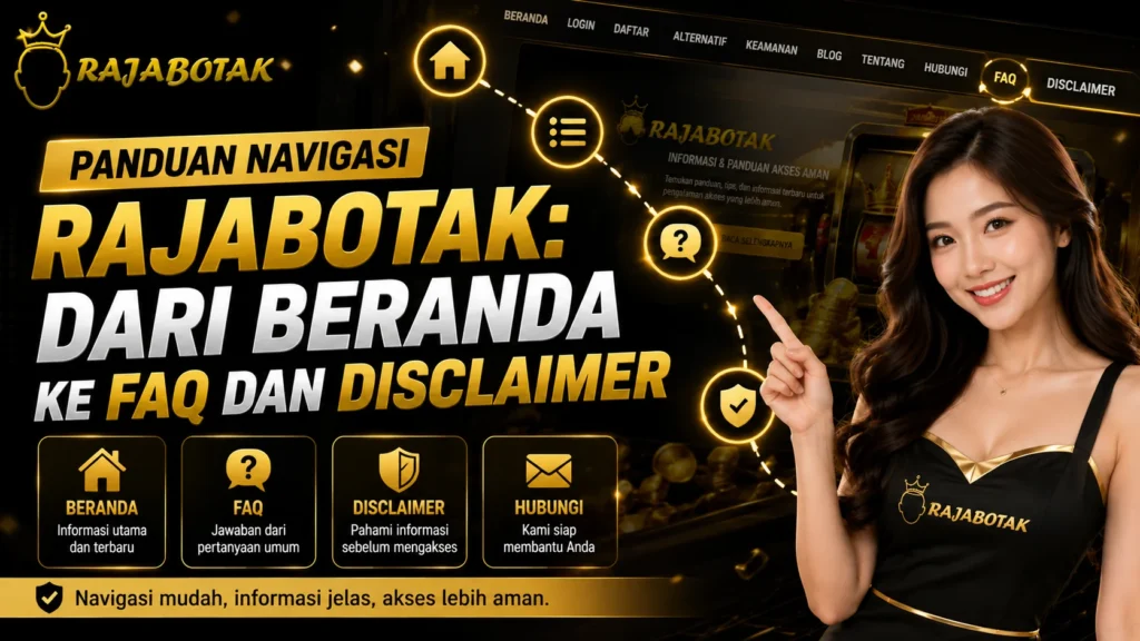 Ilustrasi navigasi RajaBotak dari beranda menuju FAQ dan disclaimer