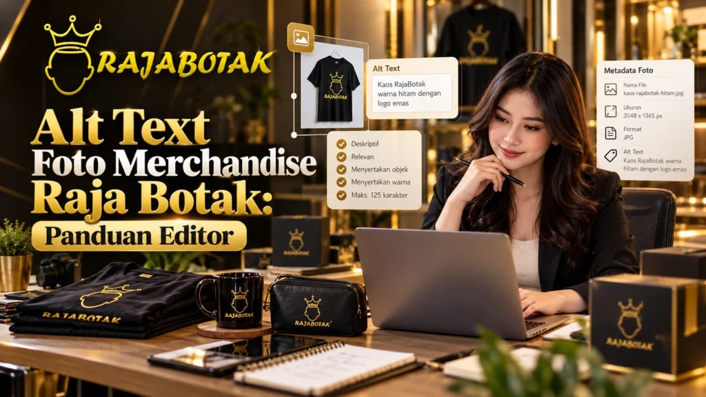 Banner RajaBotak Official dengan presenter perempuan, contoh foto merchandise, panel alt text, dan aksesibilitas gambar produk.