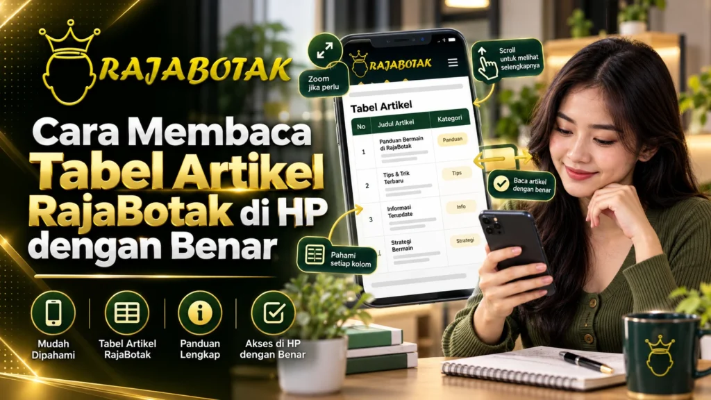 Banner RajaBotak Official dengan presenter perempuan dan tampilan tabel artikel di HP, penanda judul kolom serta baris data.
