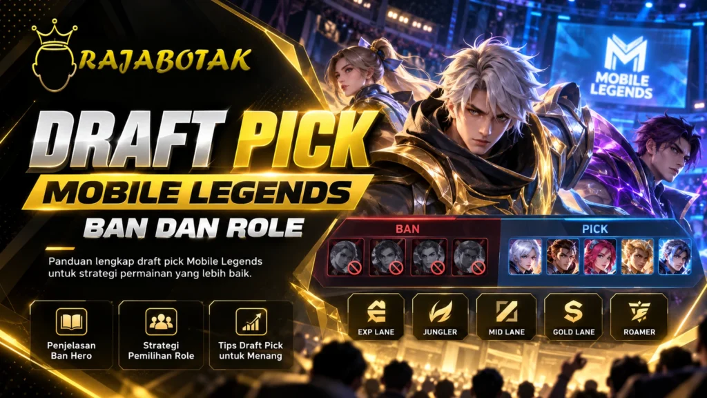 Banner RajaBotak Official dengan perempuan sebagai presenter, ilustrasi strategi draft pick Mobile Legends, fase ban, hero, dan role tim.