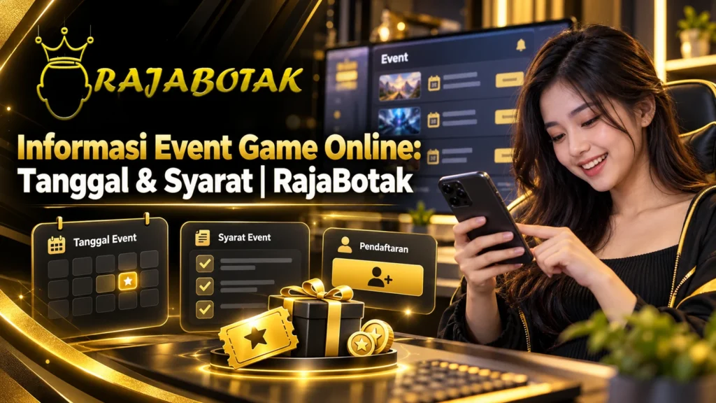 Banner RajaBotak Official dengan presenter perempuan, ilustrasi kalender event game, zona waktu WIB WITA WIT, dan daftar syarat.