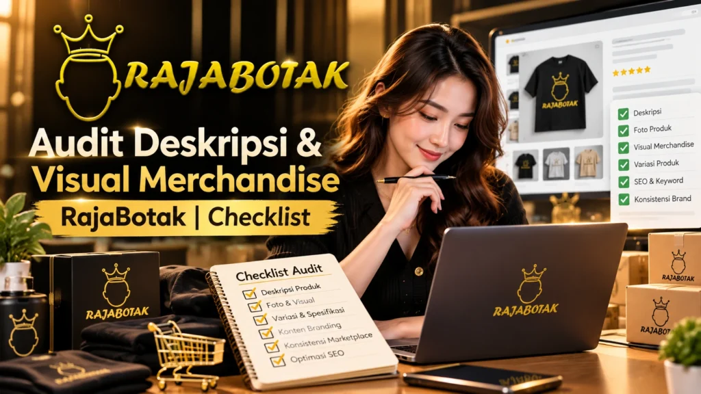 Audit deskripsi dan visual merchandise RajaBotak dengan checklist konsistensi produk