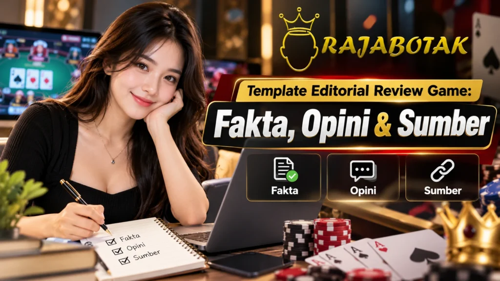 Template editorial review game RajaBotak untuk memisahkan fakta, opini, sumber, dan batas klaim